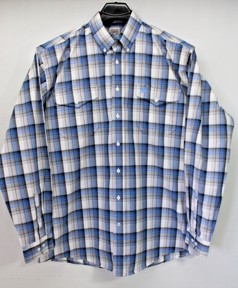 CINCH BLUE PLAID COTTON BUTTON FRONT LONG SLEEVE WESTERN SHIRT MEN'S LARGE